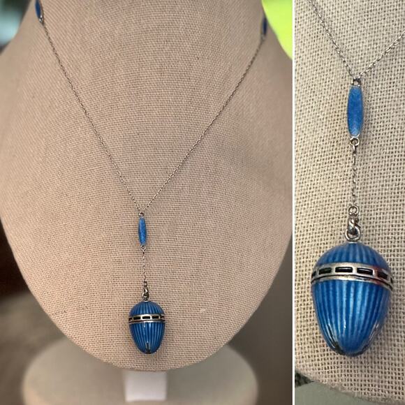 Antique Sterling Silver Blue Vinaigrette Enameled Egg Locket Pendant Necklace - Picture 1 of 11